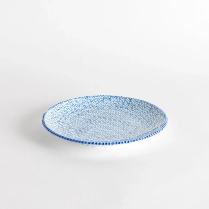 Japanese ceramic plate with delicate blue sesame pattern and intricate design adding elegance to dining.