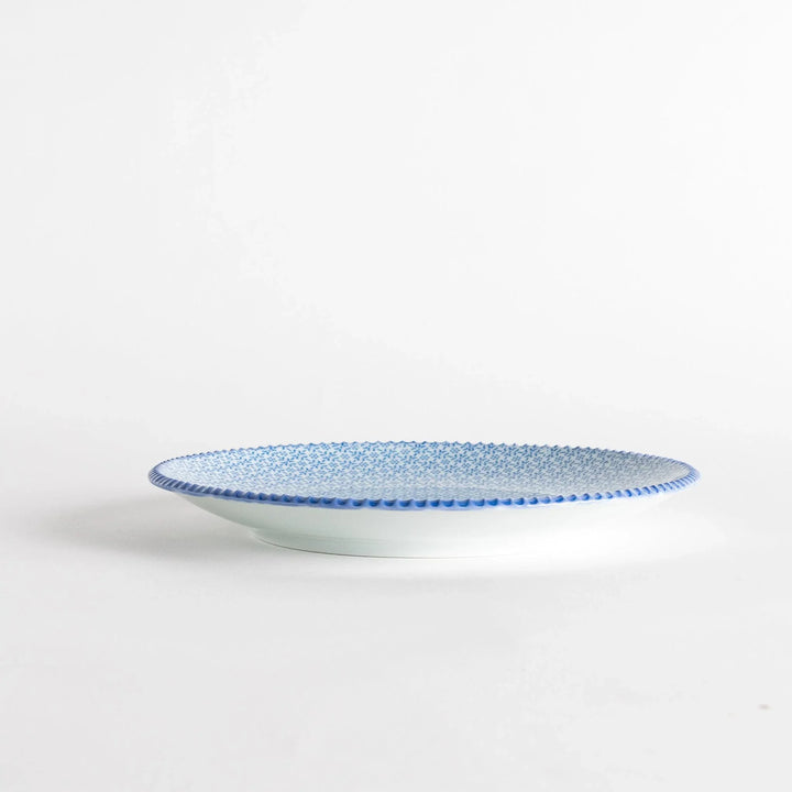 Side view of the blue sesame salad plate, highlighting the textured edge and the blue floral design on the surface.
