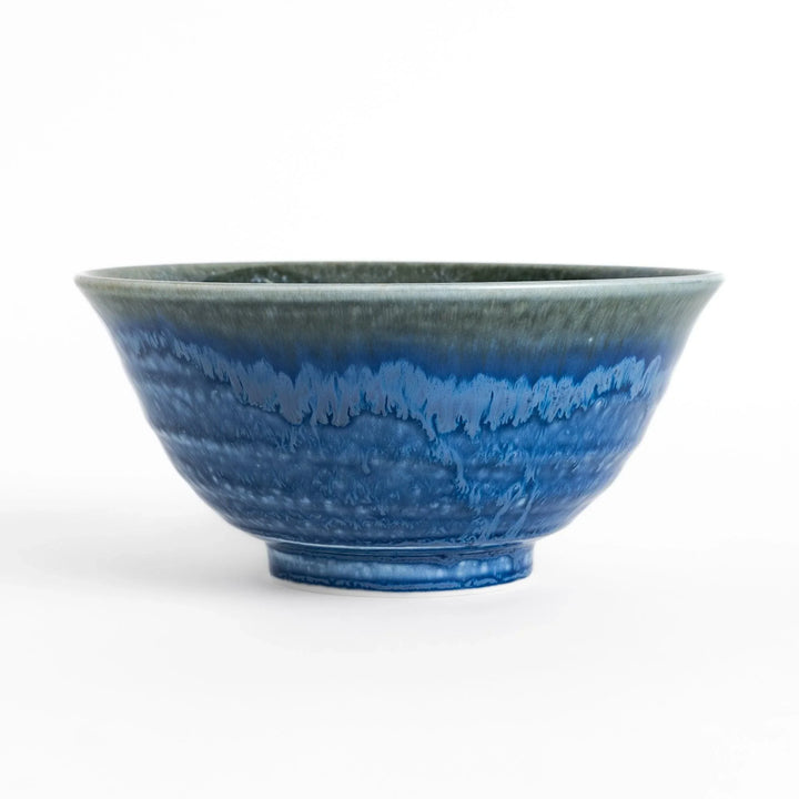 Ramen bowl with a gradient of green and blue glazes, featuring a splash effect for a unique, artistic look.