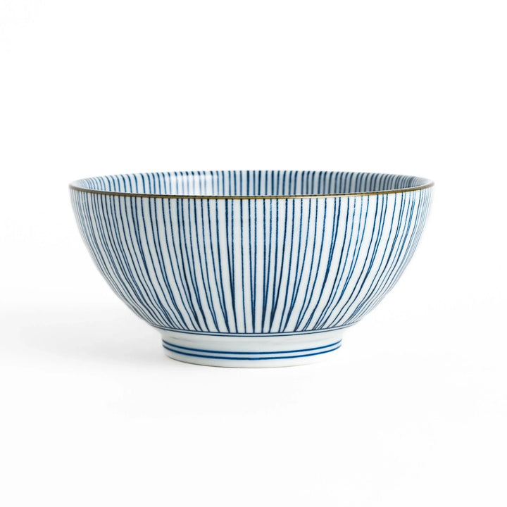 Ramen bowl with delicate blue stripes and a gold-rimmed edge, adding subtle elegance to your dining experience.