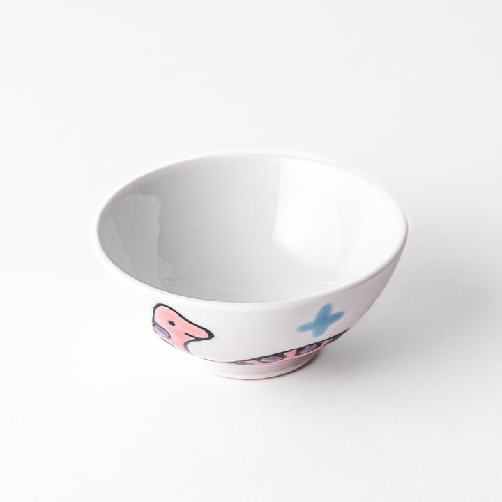 Kids' rice bowl featuring a playful pink Brachiosaurus design, accented with blue and purple details, making mealtime fun and engaging for young children.