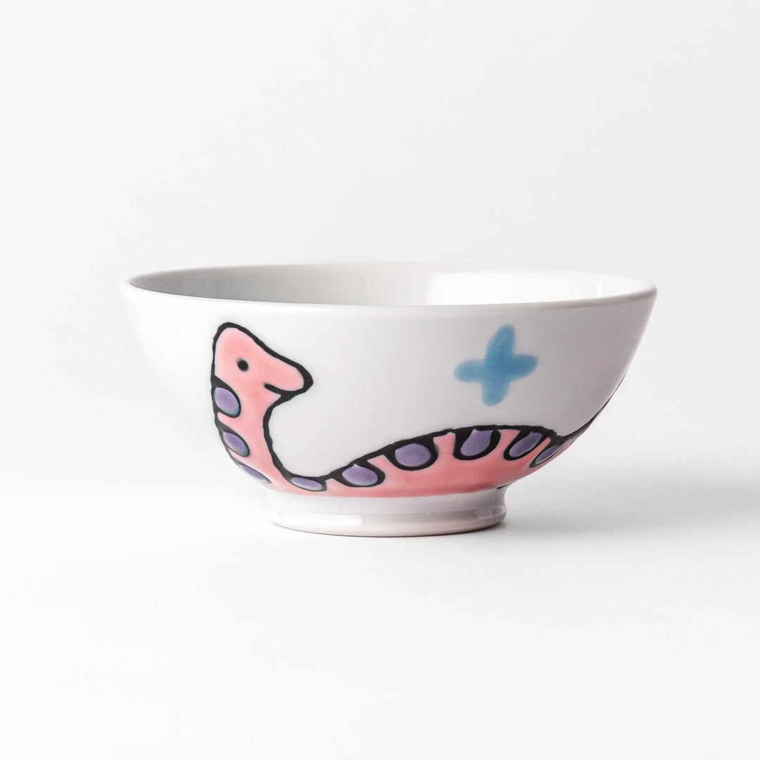 Kids’ rice bowl with pink Brachiosaurus design and blue accents, making meals fun for little diners.
