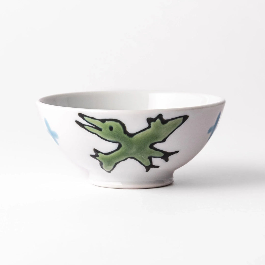 Kids’ rice bowl with pink Brachiosaurus design and blue accents, making meals fun for little diners.