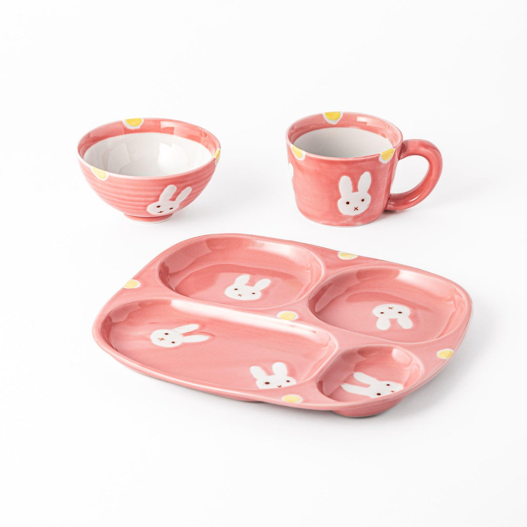 Bunny Kids Dinnerware Set with plate, bowl, and cup in soft pink and yellow, featuring adorable bunny designs.