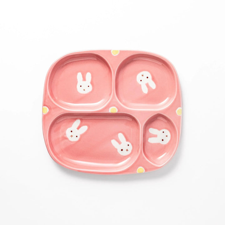 Bunny-themed kids’ plate with four sections and pink and yellow accents, perfect for fun, tidy meals.