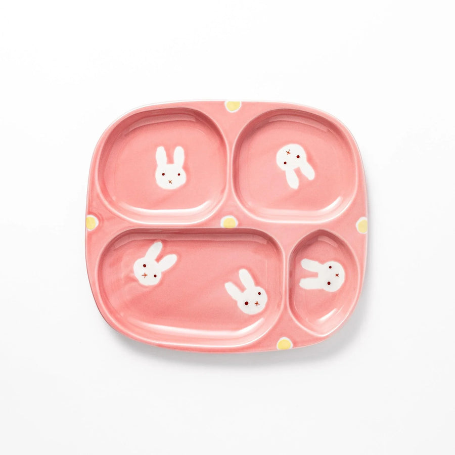 Bunny-themed kids’ plate with four sections and pink and yellow accents, perfect for fun, tidy meals.