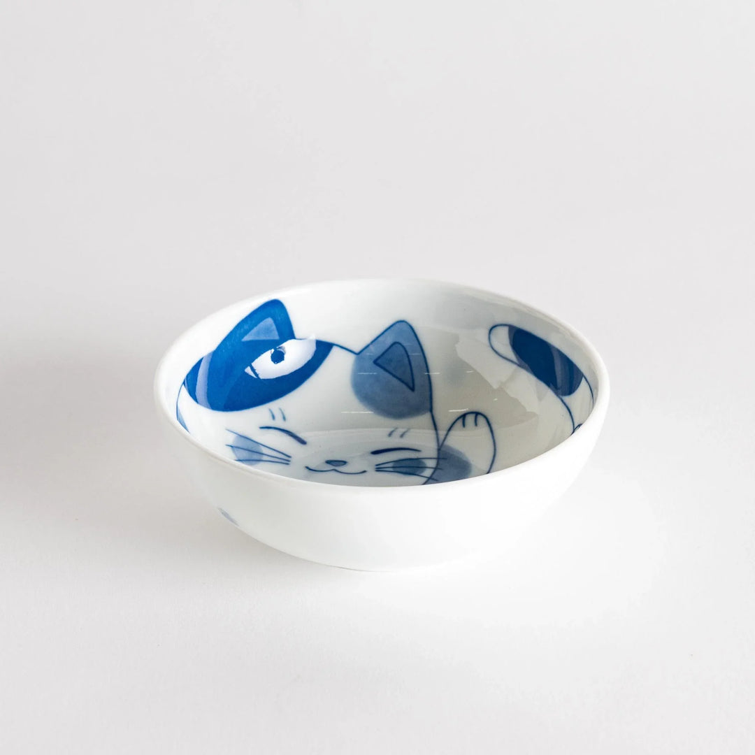 A dessert bowl featuring a playful blue and white cat with a relaxed expression.