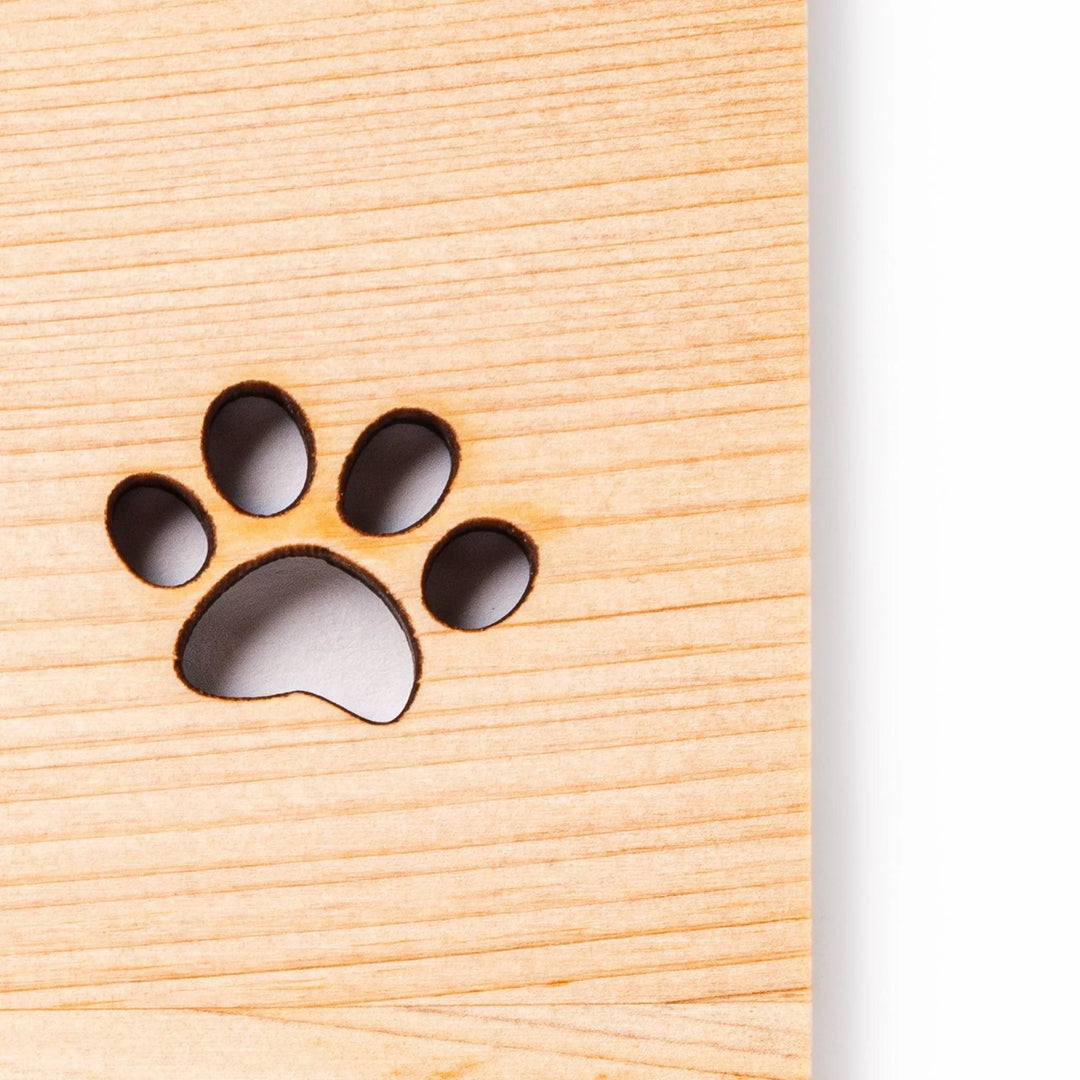 Square hinoki wood mini coaster with two cat paw cutouts, showcasing light grain and protecting surfaces.