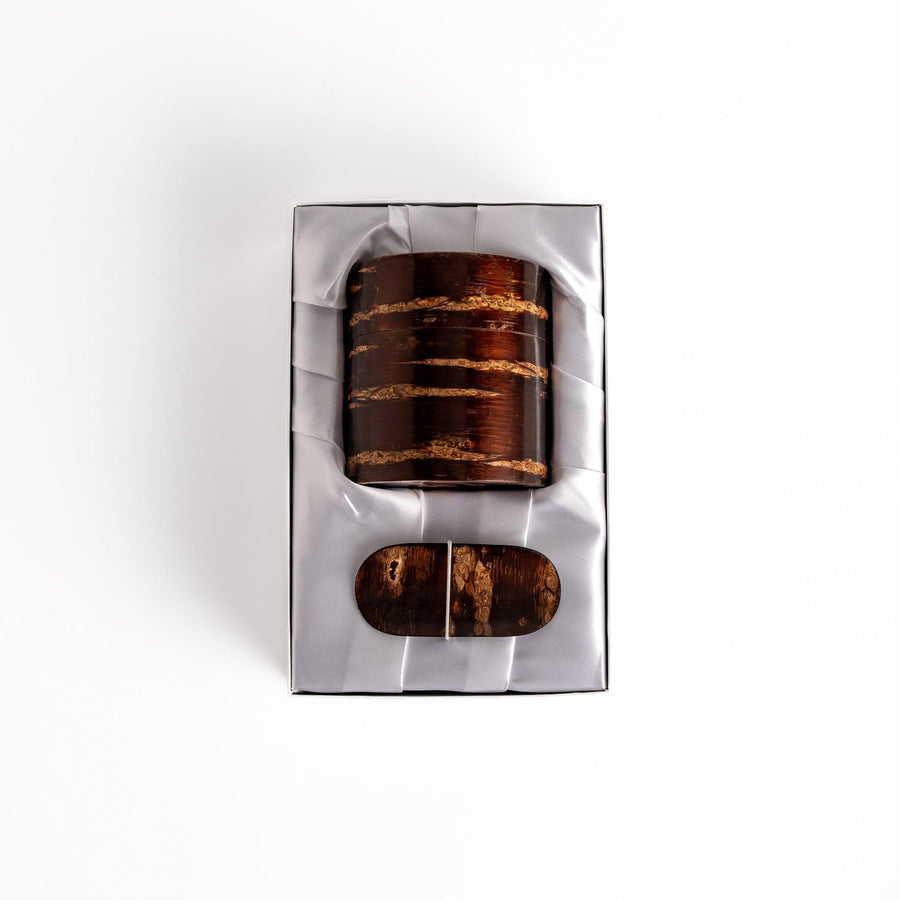 Cherry bark tea caddy and scoop set highlighting natural bark beauty perfect for storing loose leaf tea.