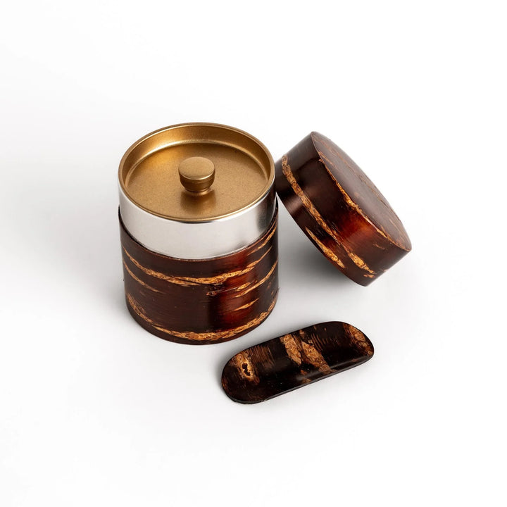 Cherry bark tea caddy and scoop set highlighting natural bark beauty perfect for storing loose leaf tea.