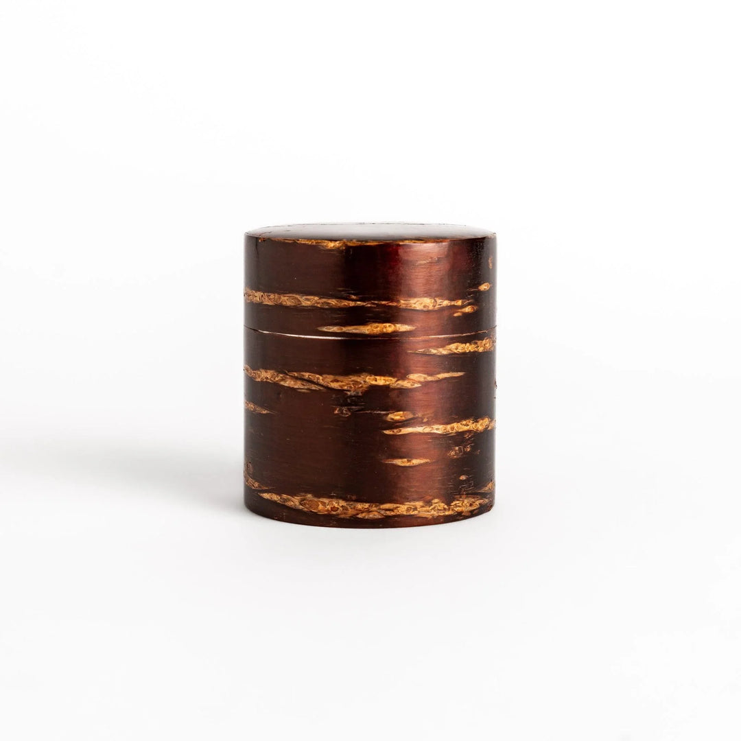 Cherry bark tea caddy and scoop set highlighting natural bark beauty perfect for storing loose leaf tea.