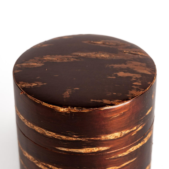Cherry bark tea caddy and scoop set highlighting natural bark beauty perfect for storing loose leaf tea.