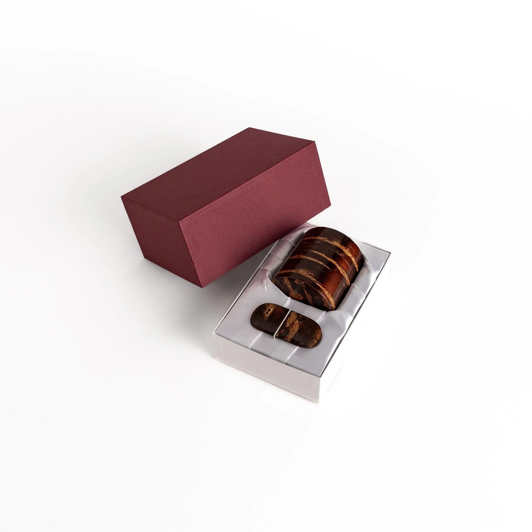 Cherry bark tea caddy and scoop set highlighting natural bark beauty perfect for storing loose leaf tea.