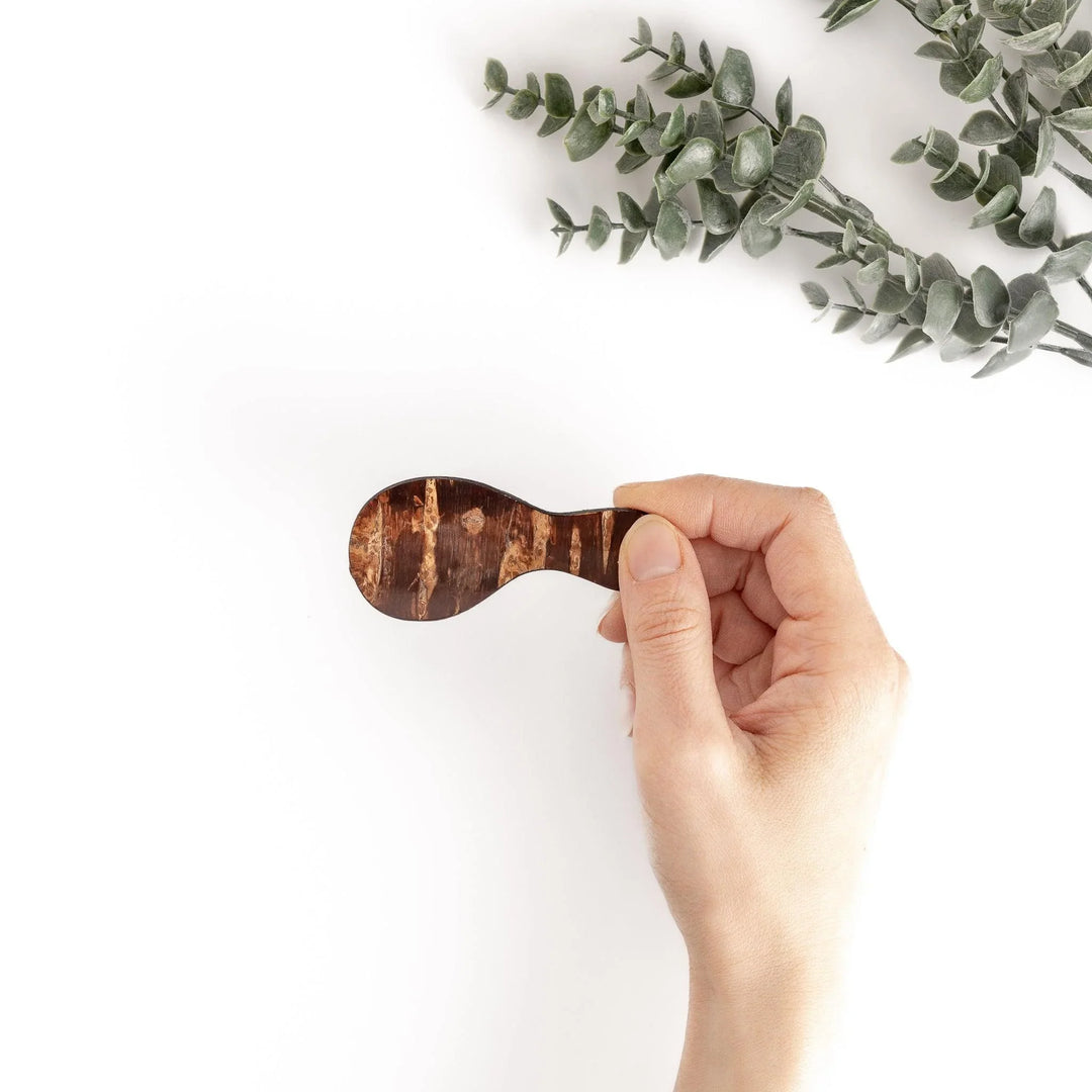 Hand holding a beautifully grained cherry bark tea scoop, perfect for measuring the ideal amount of loose leaf tea.