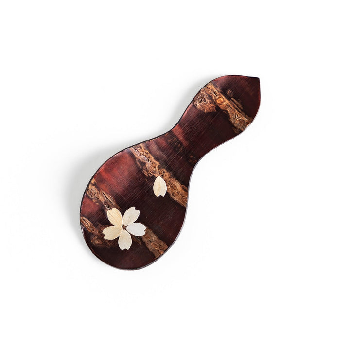 Cherry bark tea scoop with cherry blossom inlay ideal for measuring loose leaf tea with elegance.