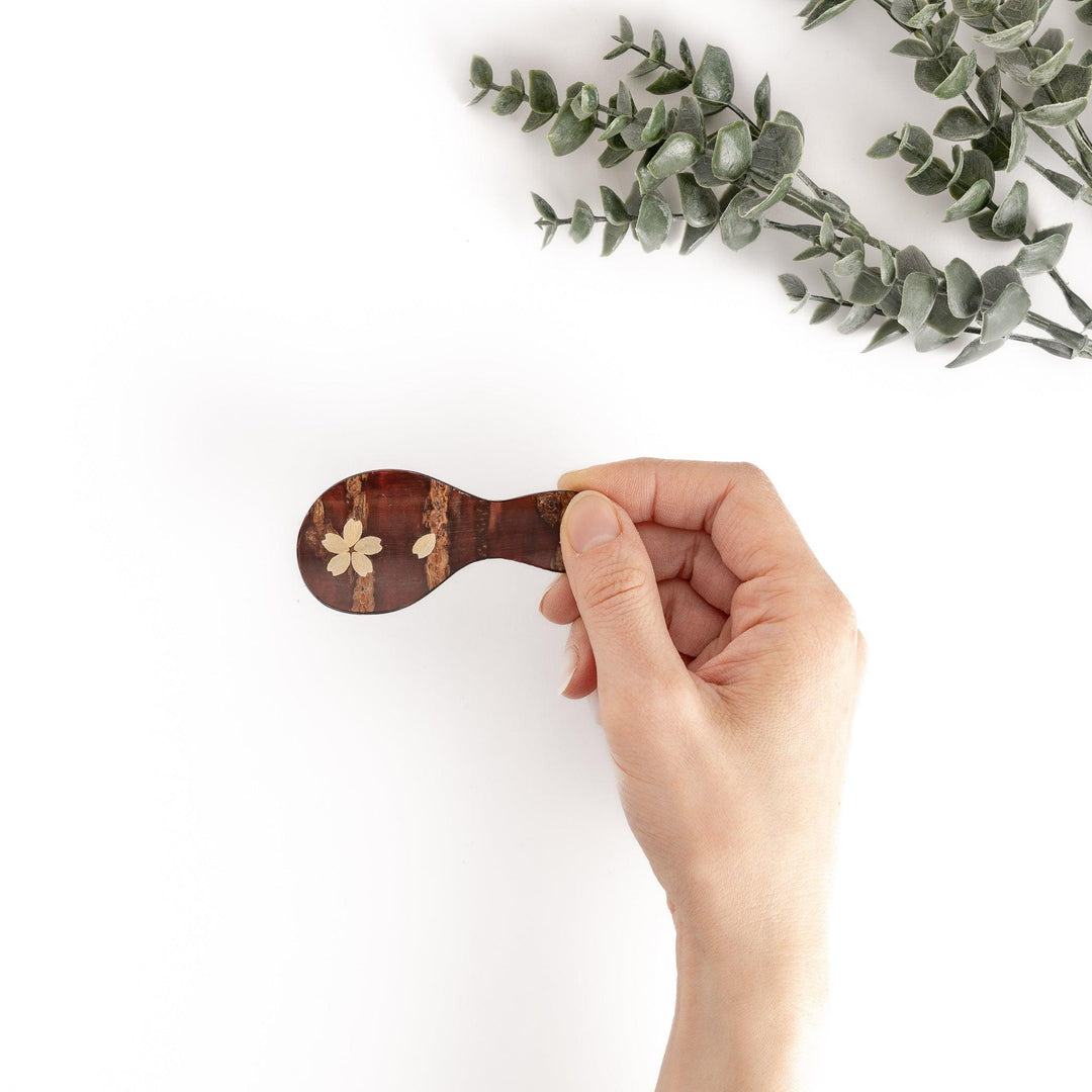 Cherry bark tea scoop with cherry blossom inlay ideal for measuring loose leaf tea with elegance.