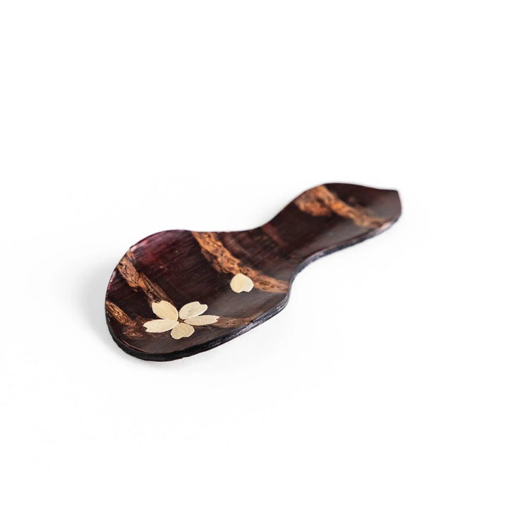 Cherry bark tea scoop with cherry blossom inlay ideal for measuring loose leaf tea with elegance.