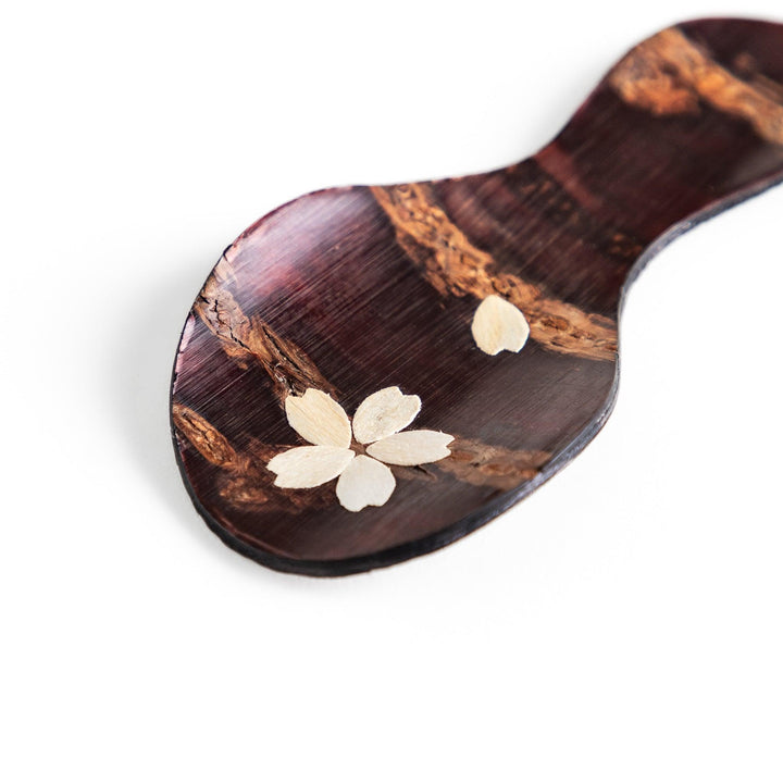 Cherry bark tea scoop with cherry blossom inlay ideal for measuring loose leaf tea with elegance.
