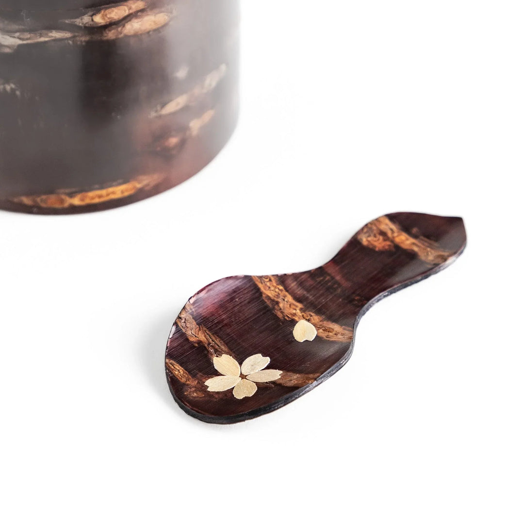 Cherry bark tea scoop with cherry blossom inlay ideal for measuring loose leaf tea with elegance.