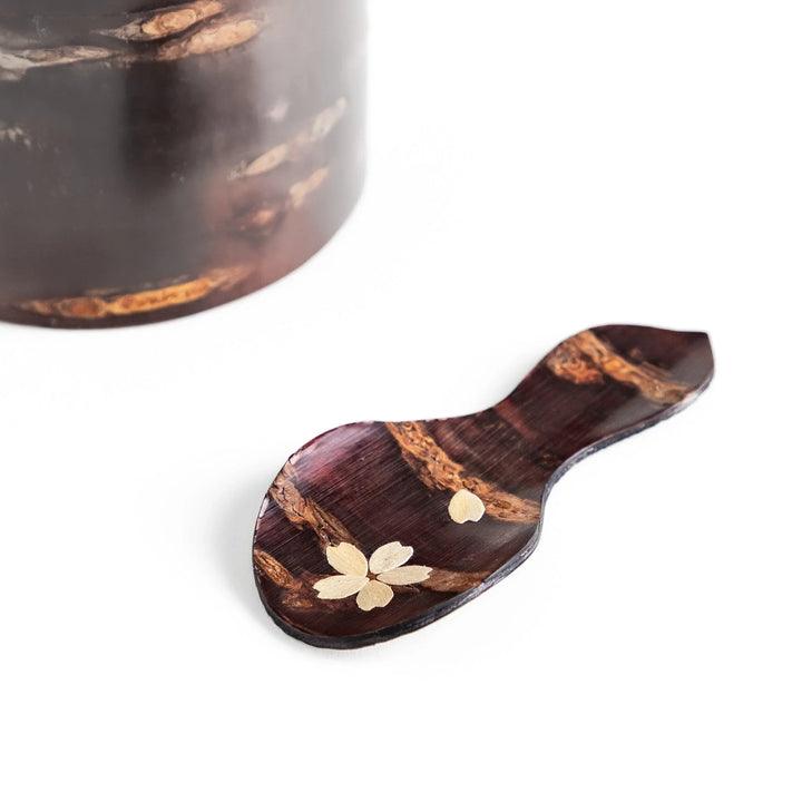 Cherry bark tea scoop with cherry blossom inlay ideal for measuring loose leaf tea with elegance.