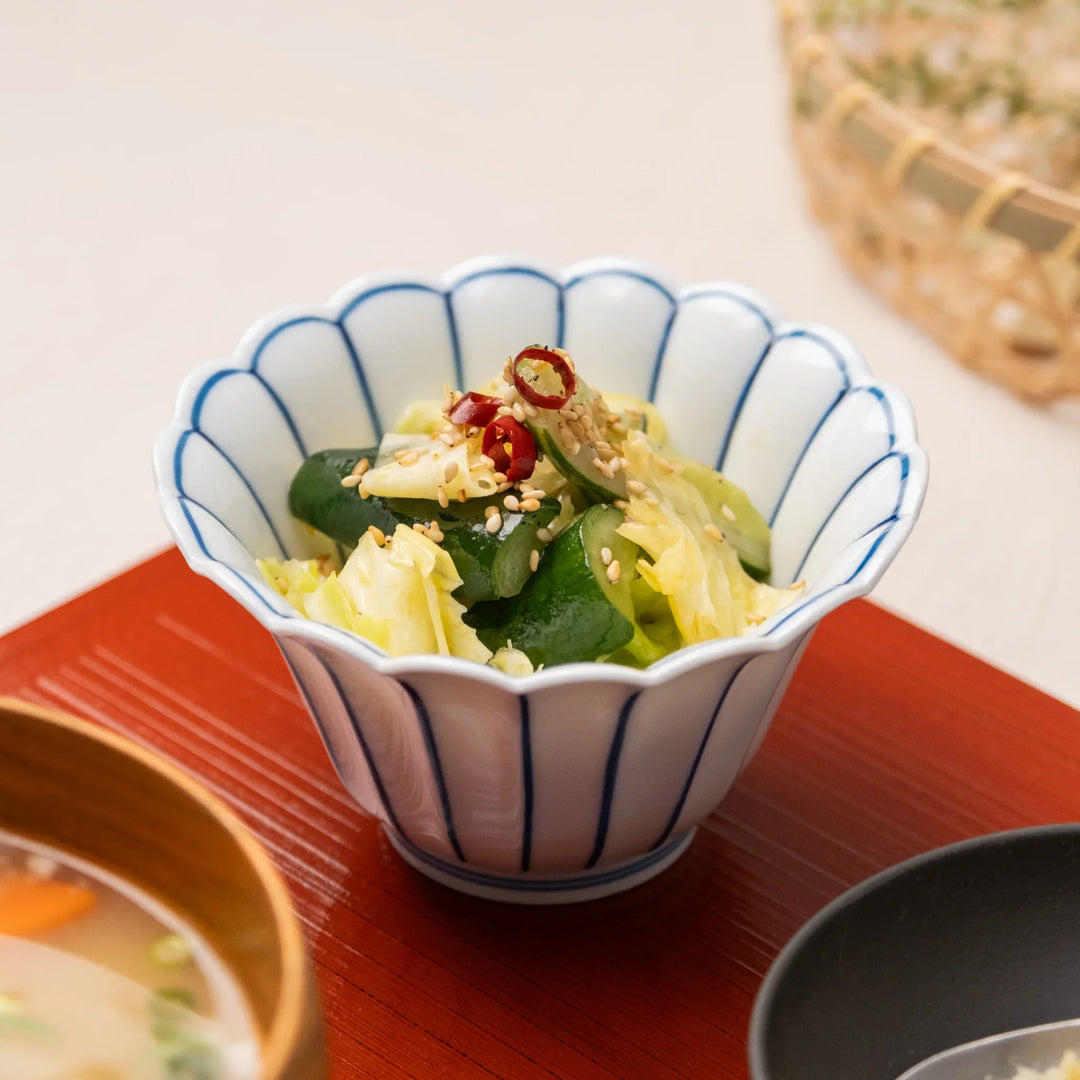 Japanese Condiment Bowl with Blue Lines for Pickles and Side Dishes