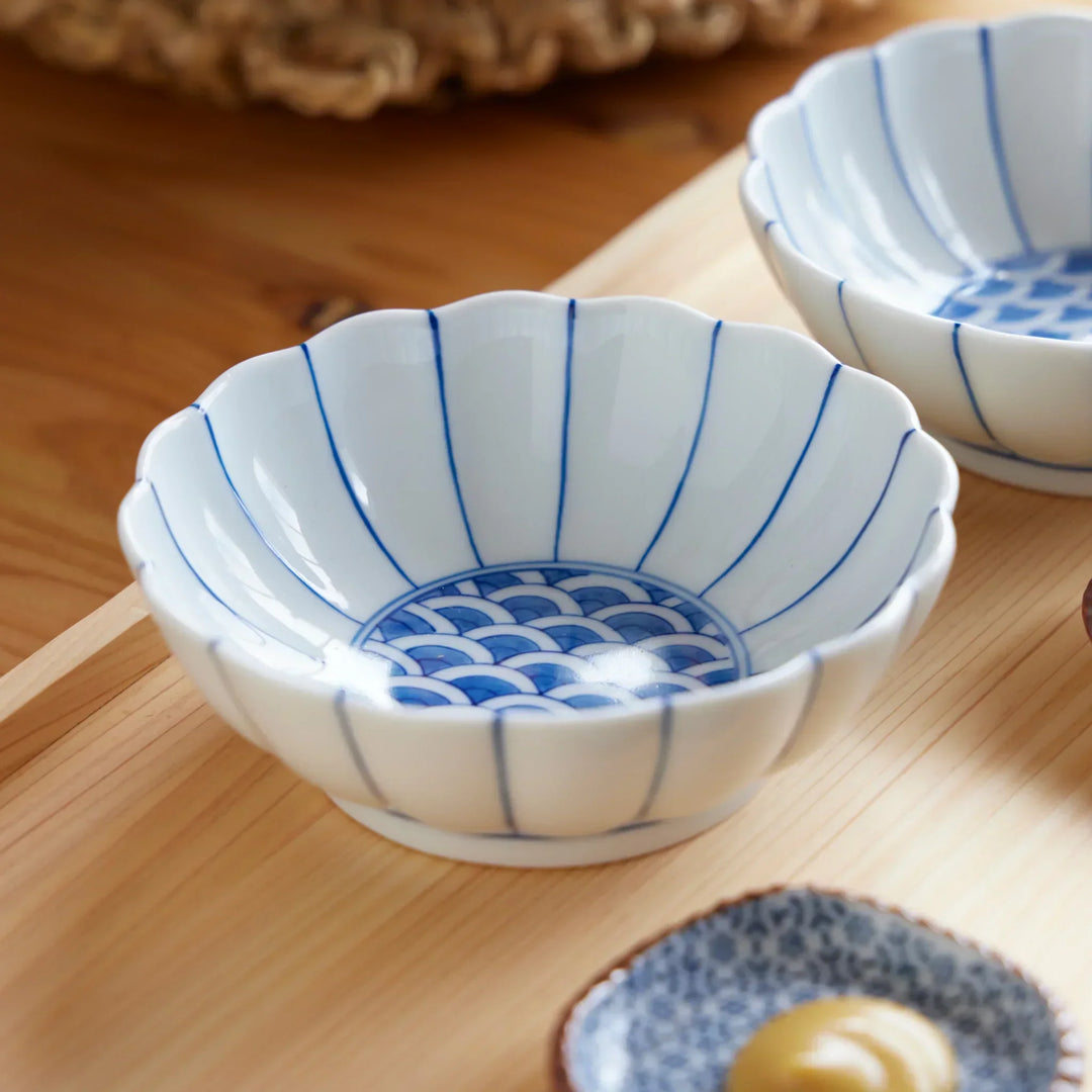 Chrysanthemum Wave Dessert Bowl with scalloped rim and blue wave motif perfect for Japanese sweets.