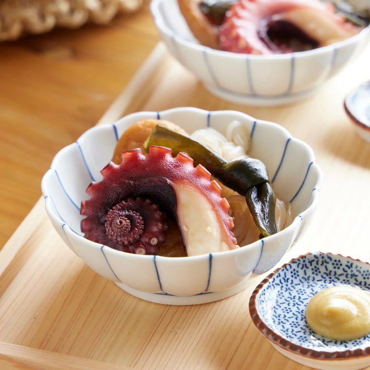 Chrysanthemum Wave Dessert Bowl with scalloped rim and blue wave motif perfect for Japanese sweets.