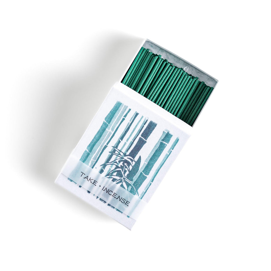 Green incense sticks in bamboo motif box offering a refreshing and calming fragrance inspired by Japanese nature.