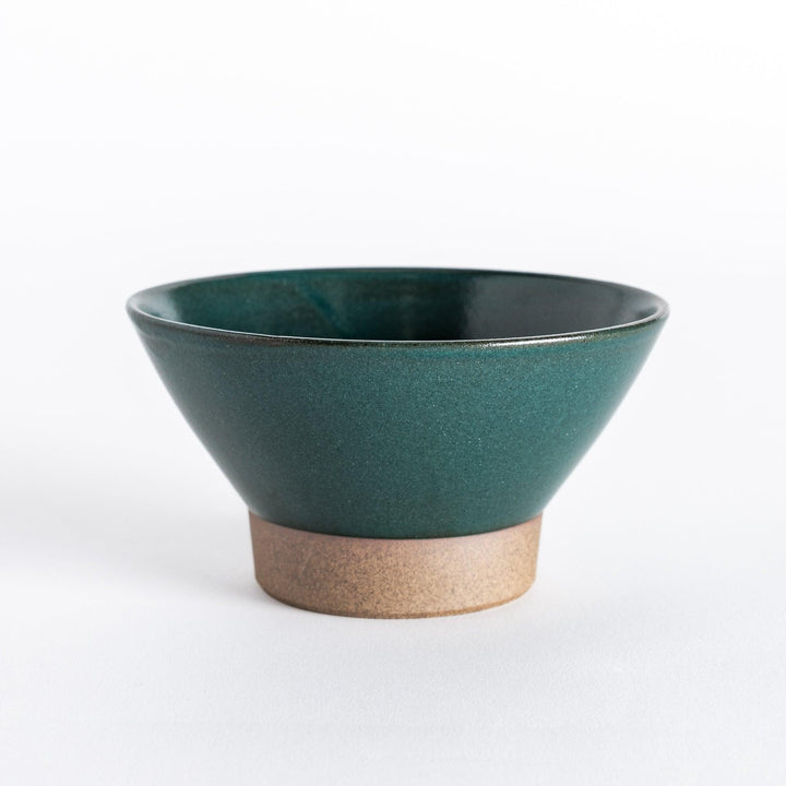 Green ceramic rice bowl with a glossy finish and neutral-toned base, shown from the front.