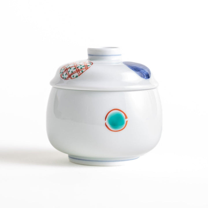Japanese porcelain chawanmushi bowl with lid featuring colorful red blue and turquoise patterns on white background