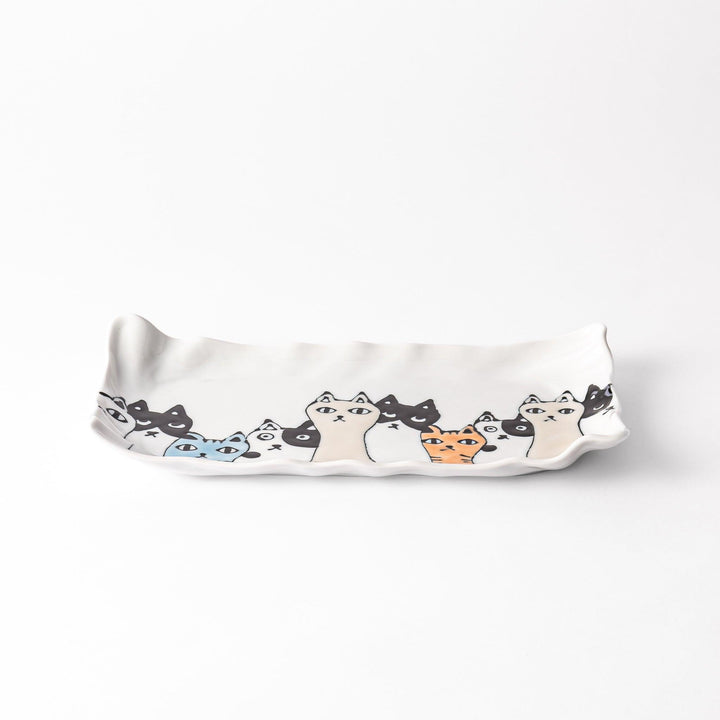 Salad plate with colorful cats in black, white, orange, and blue, wavy-edged for a whimsical table accent.