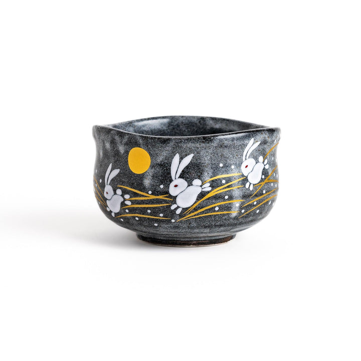 Gray matcha bowl with rabbit and moon design perfect for preparing and enjoying traditional matcha.