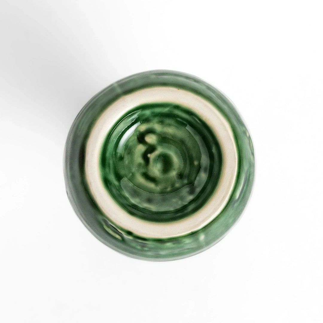 Glossy green ceramic sake flask with a textured finish and classic shape, ideal for serving warm or chilled sake.