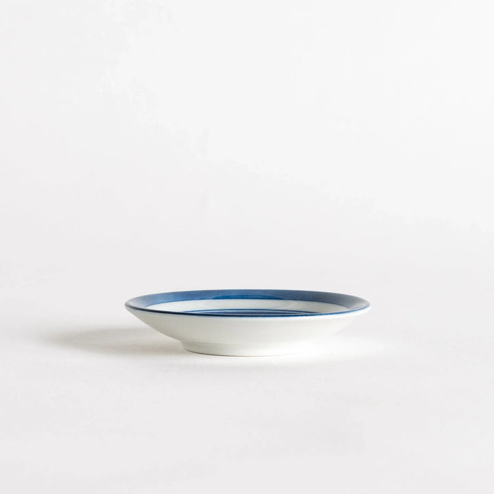 Set of four Japanese porcelain plates in gift box each with blue and red dinosaur design decoration.