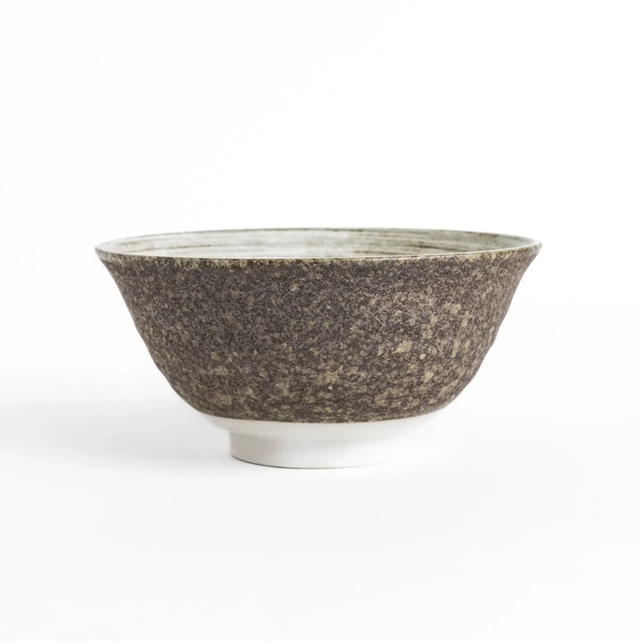 Textured ramen bowl with an earthy brown exterior, featuring a smooth white interior and a sturdy base for comfortable use.