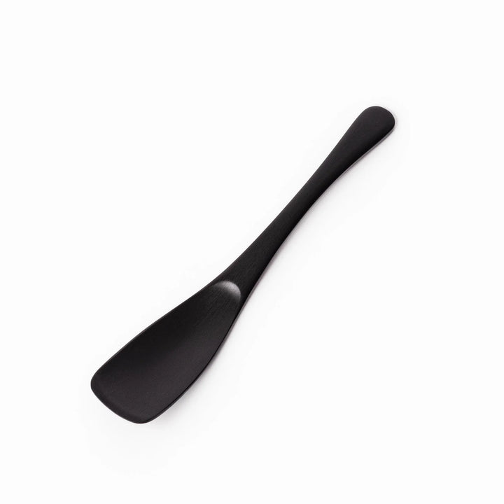 Matte black aluminum ice cream spoon with flat edge designed for easy scooping of firm frozen desserts.