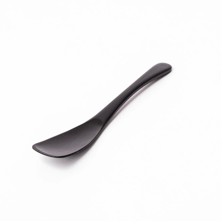 Matte black aluminum ice cream spoon with flat edge designed for easy scooping of firm frozen desserts.