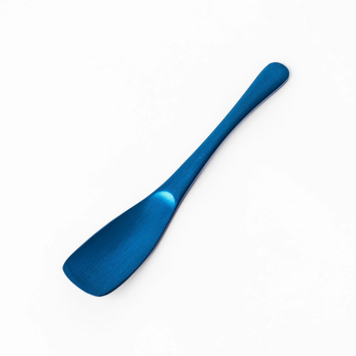 Blue aluminum ice cream spoon with matte finish and flat tip designed to scoop hard frozen desserts.