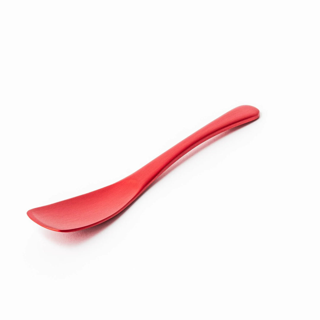 Red aluminum ice cream spoon with a flat edge and matte finish, designed to cut through hard ice cream with ease and comfort.