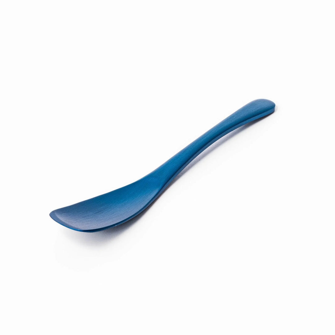Blue aluminum ice cream spoon with matte finish and flat tip designed to scoop hard frozen desserts.