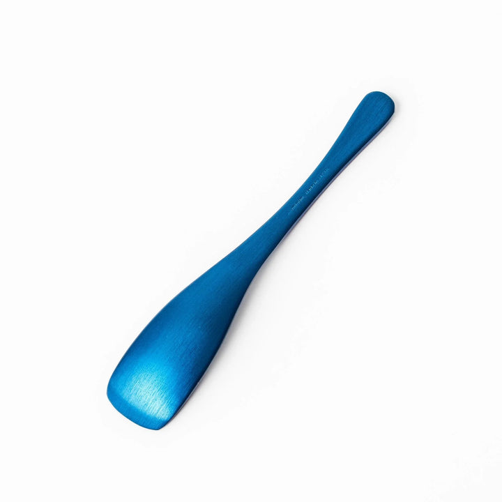 Blue aluminum ice cream spoon with matte finish and flat tip designed to scoop hard frozen desserts.