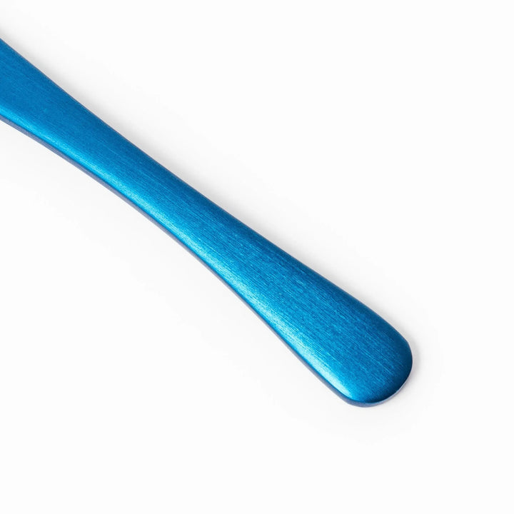 Blue aluminum ice cream spoon with matte finish and flat tip designed to scoop hard frozen desserts.