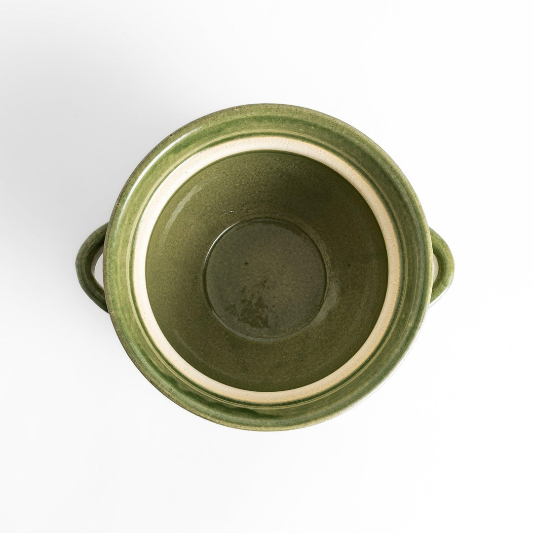 Emerald rice donabe clay pot with green glaze and round lid ideal for cooking flavorful Japanese rice.