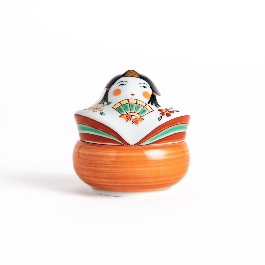 Empress doll shaped lidded ceramic condiment bowl featuring elegant details perfect for sauces or condiments.