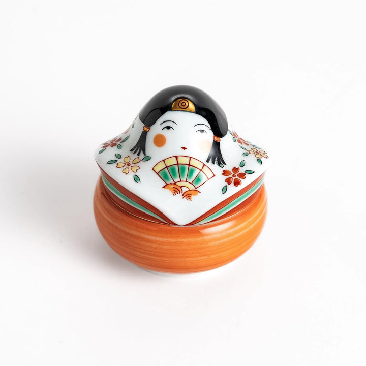 Empress doll shaped lidded ceramic condiment bowl featuring elegant details perfect for sauces or condiments.