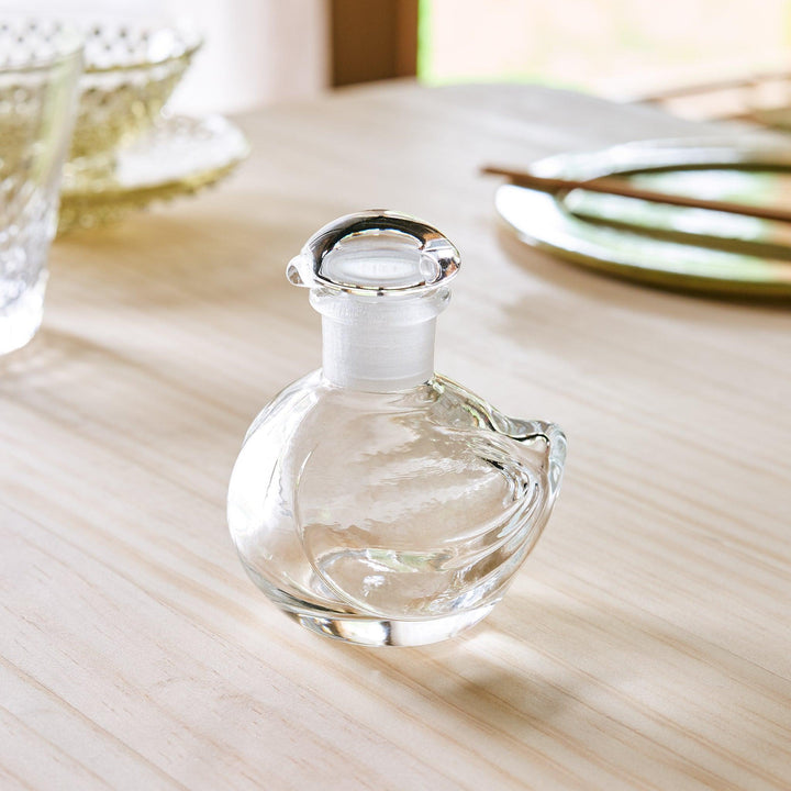 A minimalist bird-shaped glass soy sauce dispenser with no coloration, showcasing its elegant, transparent design.