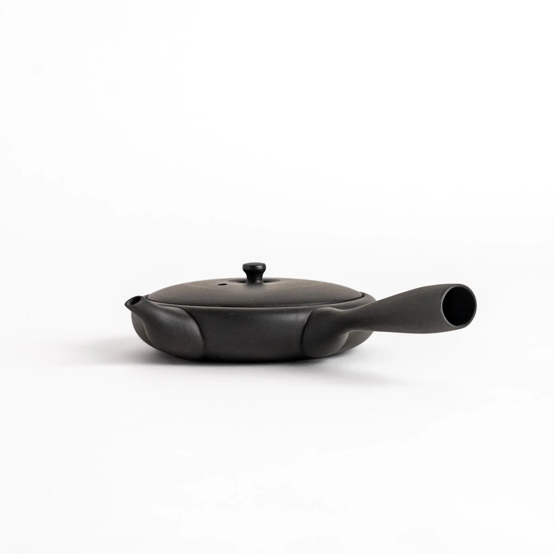 Sleek black teapot with flat body and side handle offering minimalist design for elegant Japanese tea.