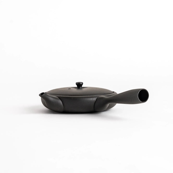 Sleek black teapot with flat body and side handle offering minimalist design for elegant Japanese tea.