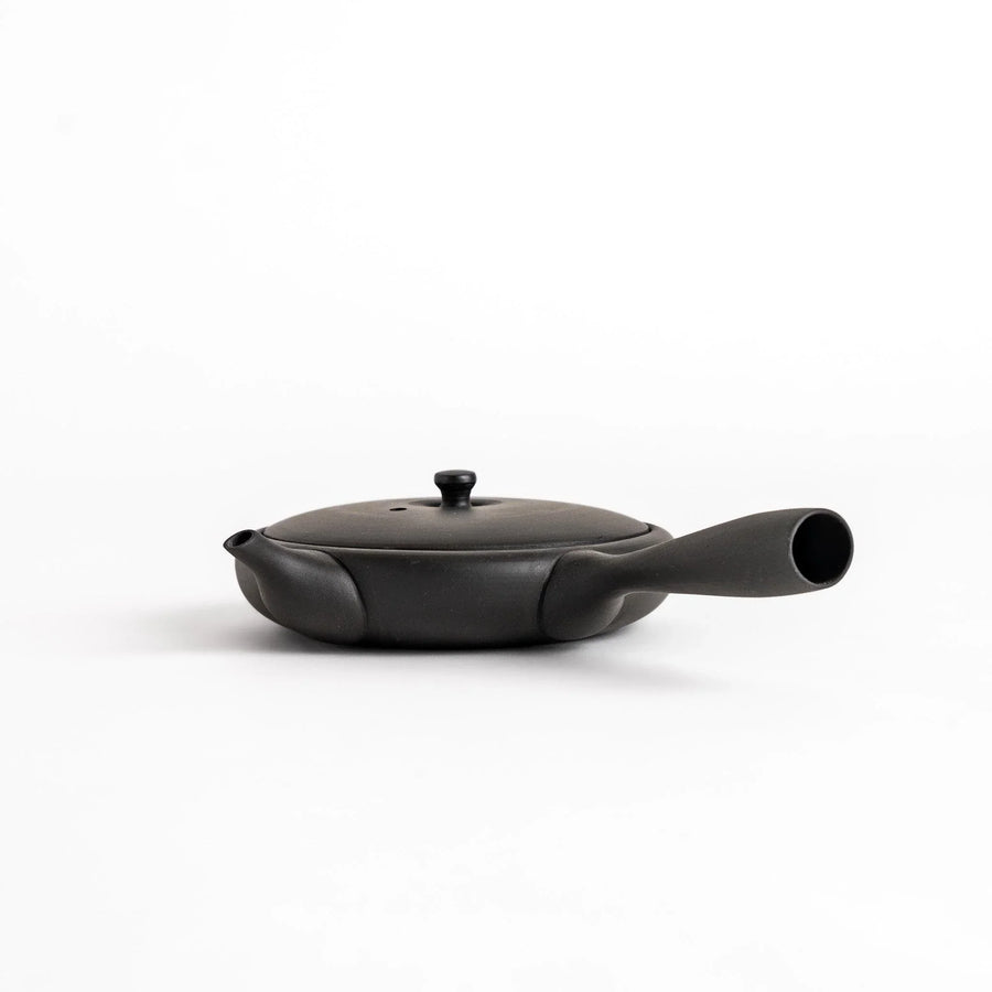 Sleek black teapot with flat body and side handle offering minimalist design for elegant Japanese tea.