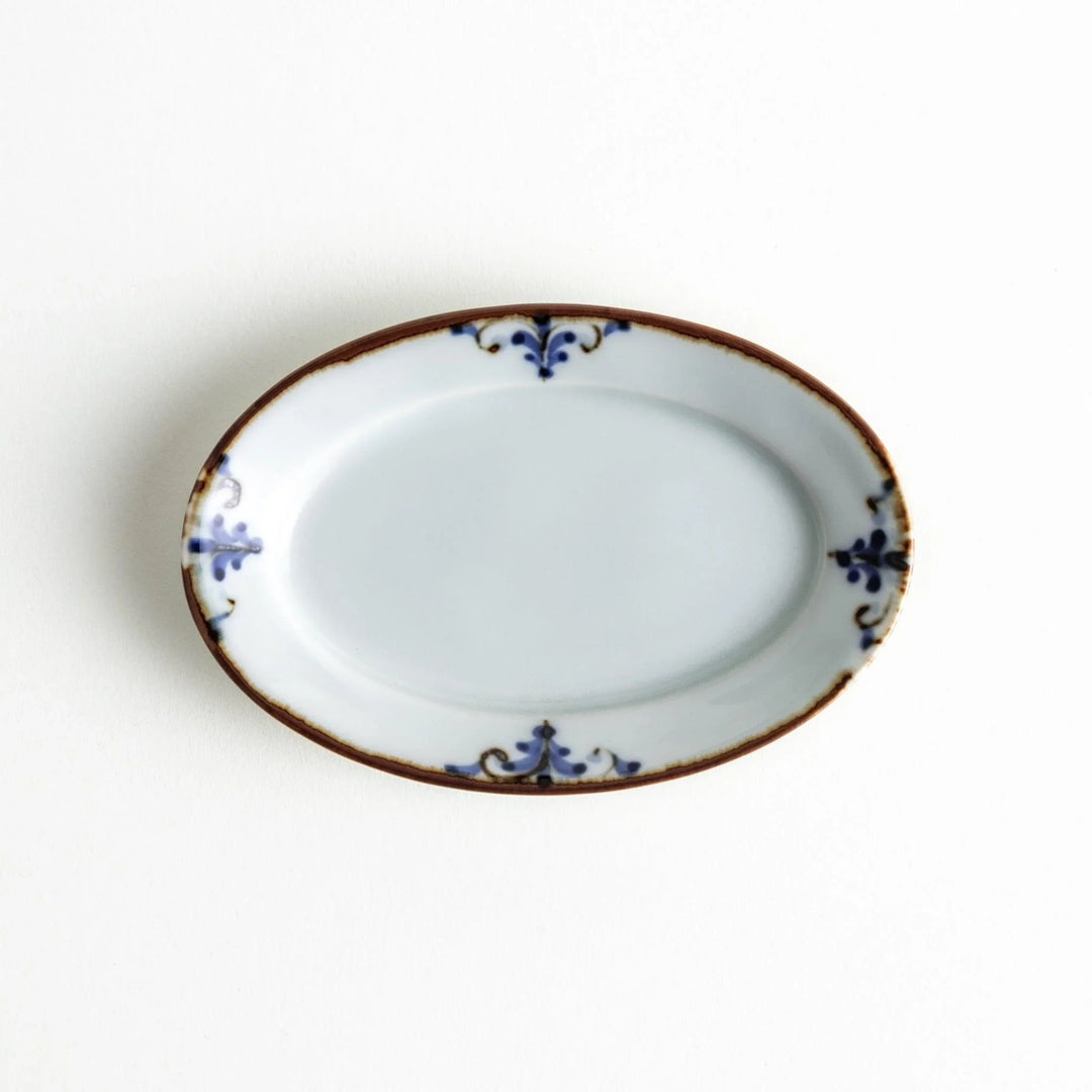Floral Leaves three piece oval plate set featuring blue floral motifs and ridged design for elegant Japanese dining.